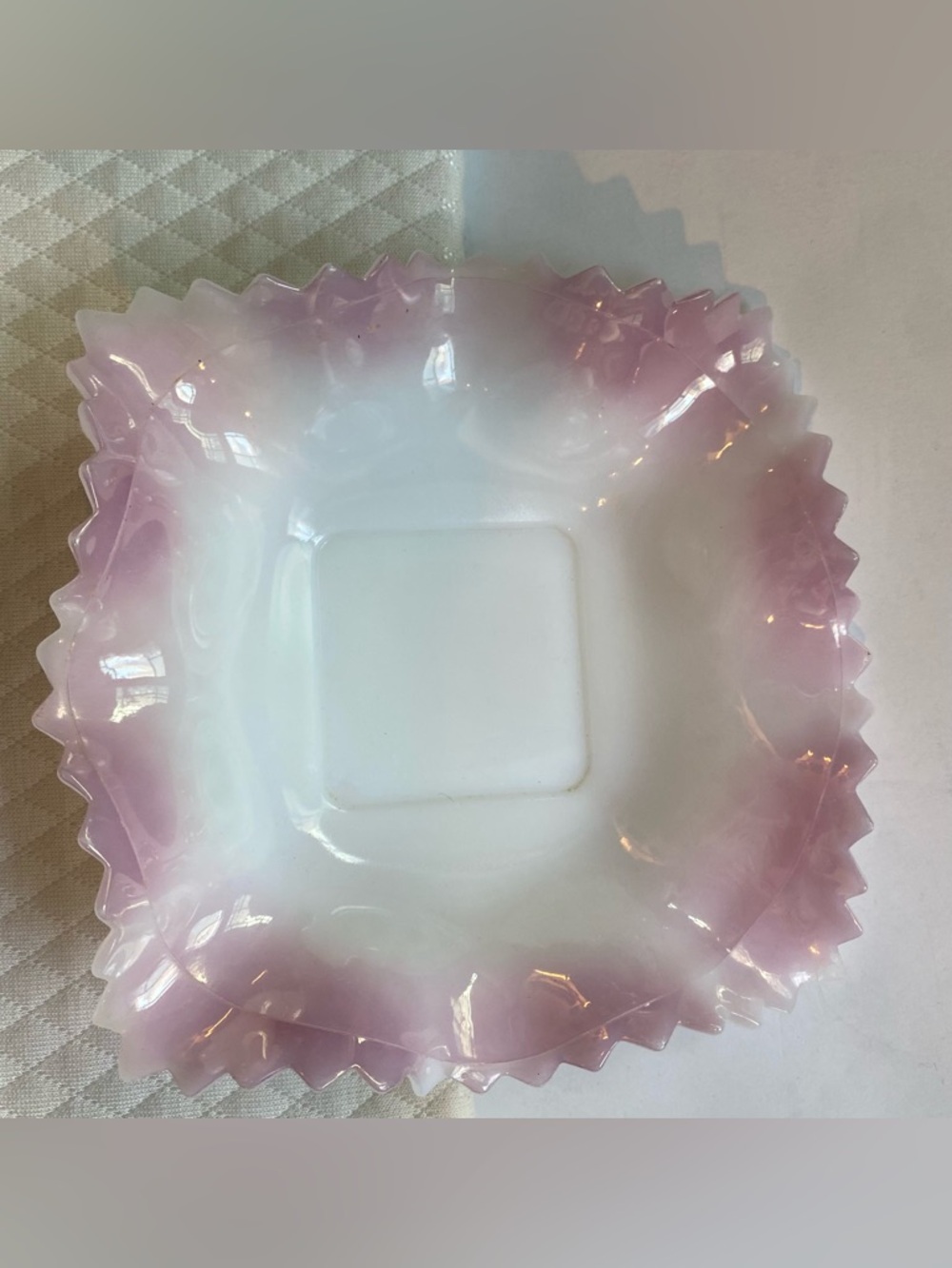 Federal Glass Milk Glass Diamond Point Square Pink Opalescent Candy Dish